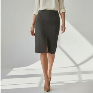 Olive Knee Length Preppy Pencil Skirt Front Slit Knit Corpcore Professional S